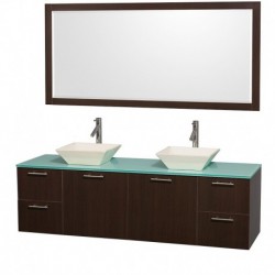 72 inch Double Bathroom Vanity in Espresso with Green Glass Top with Bone Porcelain Sinks, and 70 inch Mirror