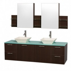 72 inch Double Bathroom Vanity in Espresso with Green Glass Top with Bone Porcelain Sinks, and Medicine Cabinets