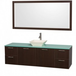 72 inch Single Bathroom Vanity in Espresso with Green Glass Top with Bone Porcelain Sink, and 70 inch Mirror