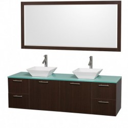 72 inch Double Bathroom Vanity in Espresso with Green Glass Top with White Porcelain Sinks, and 70 inch Mirror
