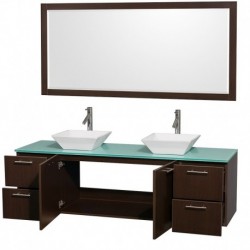 72 inch Double Bathroom Vanity in Espresso with Green Glass Top with White Porcelain Sinks, and 70 inch Mirror