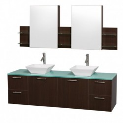 72 inch Double Bathroom Vanity in Espresso with Green Glass Top with White Porcelain Sinks, and Medicine Cabinets