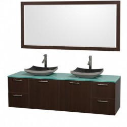 72 inch Double Bathroom Vanity in Espresso with Green Glass Top with Black Granite Sinks, and 70 inch Mirror