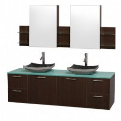 72 inch Double Bathroom Vanity in Espresso with Green Glass Top with Black Granite Sinks, and Medicine Cabinets