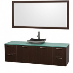 72 inch Single Bathroom Vanity in Espresso with Green Glass Top with Black Granite Sink, and 70 inch Mirror