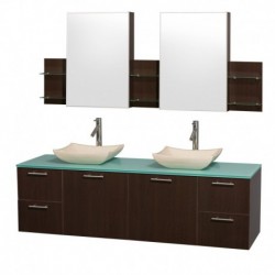 72 inch Double Bathroom Vanity in Espresso with Green Glass Top with Ivory Marble Sinks, and Medicine Cabinets