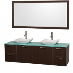 72 inch Double Bathroom Vanity in Espresso with Green Glass Top with Carrera Marble Sinks, and 70 inch Mirror