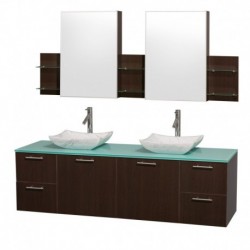 72 inch Double Bathroom Vanity in Espresso with Green Glass Top with Carrera Marble Sinks, and Medicine Cabinets