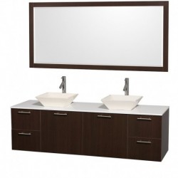72 inch Double Bathroom Vanity in Espresso with White Man-Made Stone Top with Bone Porcelain Sinks, and 70 inch Mirror