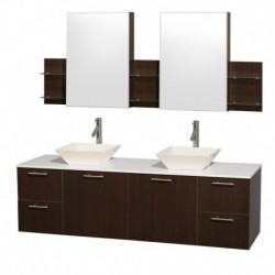 72 inch Double Bathroom Vanity in Espresso with White Man-Made Stone Top with Bone Porcelain Sinks, and Medicine Cabinets