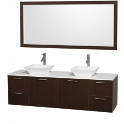 72 inch Double Bathroom Vanity in Espresso with White Man-Made Stone Top with White Porcelain Sinks, and 70 inch Mirror
