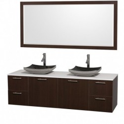 72 inch Double Bathroom Vanity in Espresso with White Man-Made Stone Top with Black Granite Sinks, and 70 inch Mirror