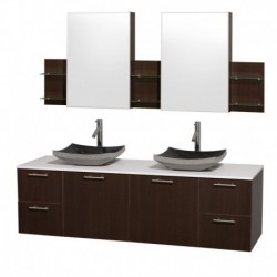 72 inch Double Bathroom Vanity in Espresso with White Man-Made Stone Top with Black Granite Sinks, and Medicine Cabinets