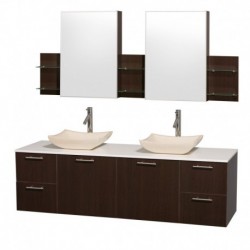 72 inch Double Bathroom Vanity in Espresso with White Man-Made Stone Top with Ivory Marble Sinks, and Medicine Cabinets