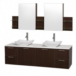 72 inch Double Bathroom Vanity in Espresso with White Man-Made Stone Top with Carrera Marble Sinks, and Medicine Cabinets