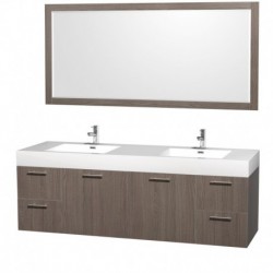 72 inch Double Bathroom Vanity in Gray Oak with Acrylic Resin Top, Integrated Sinks, and 70 inch Mirror