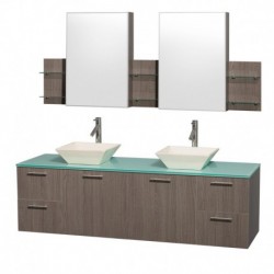 72 inch Double Bathroom Vanity in Gray Oak with Green Glass Top with Bone Porcelain Sinks, and Medicine Cabinets