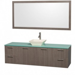72 inch Single Bathroom Vanity in Gray Oak with Green Glass Top with Bone Porcelain Sink, and 70 inch Mirror