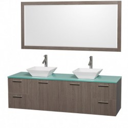 72 inch Double Bathroom Vanity in Gray Oak with Green Glass Top with White Porcelain Sinks, and 70 inch Mirror