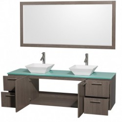 72 inch Double Bathroom Vanity in Gray Oak with Green Glass Top with White Porcelain Sinks, and 70 inch Mirror