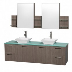 72 inch Double Bathroom Vanity in Gray Oak with Green Glass Top with White Porcelain Sinks, and Medicine Cabinets