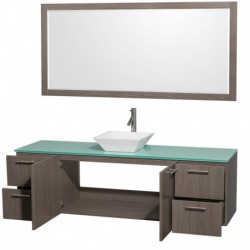 72 inch Single Bathroom Vanity in Gray Oak with Green Glass Top with White Porcelain Sink, and 70 inch Mirror