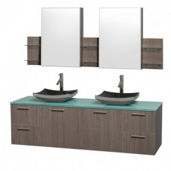 72 inch Double Bathroom Vanity in Gray Oak with Green Glass Top with Black Granite Sinks, and Medicine Cabinets