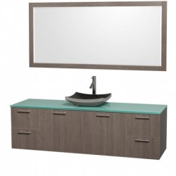 72 inch Single Bathroom Vanity in Gray Oak with Green Glass Top with Black Granite Sink, and 70 inch Mirror