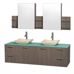 72 inch Double Bathroom Vanity in Gray Oak with Green Glass Top with Ivory Marble Sinks, and Medicine Cabinets