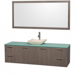 72 inch Single Bathroom Vanity in Gray Oak with Green Glass Top with Ivory Marble Sink, and 70 inch Mirror
