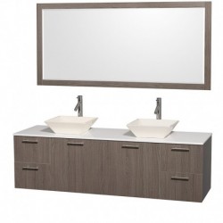 72 inch Double Bathroom Vanity in Gray Oak with White Man-Made Stone Top with Bone Porcelain Sinks, and 70 inch Mirror