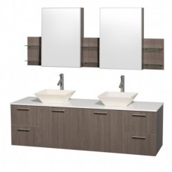 72 inch Double Bathroom Vanity in Gray Oak with White Man-Made Stone Top with Bone Porcelain Sinks, and Medicine Cabinets