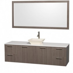 72 inch Single Bathroom Vanity in Gray Oak with White Man-Made Stone Top with Bone Porcelain Sink, and 70 inch Mirror