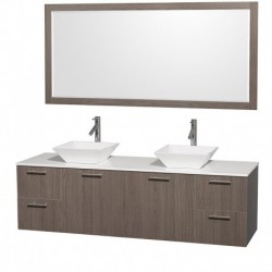 72 inch Double Bathroom Vanity in Gray Oak with White Man-Made Stone Top with White Porcelain Sinks, and 70 inch Mirror