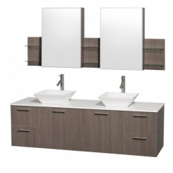 72 inch Double Bathroom Vanity in Gray Oak with White Man-Made Stone Top with White Porcelain Sinks, and Medicine Cabinets