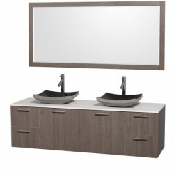 72 inch Double Bathroom Vanity in Gray Oak with White Man-Made Stone Top with Black Granite Sinks, and 70 inch Mirror