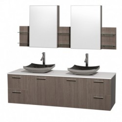 72 inch Double Bathroom Vanity in Gray Oak with White Man-Made Stone Top with Black Granite Sinks, and Medicine Cabinets