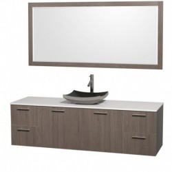 72 inch Single Bathroom Vanity in Gray Oak with White Man-Made Stone Top with Black Granite Sink, and 70 inch Mirror