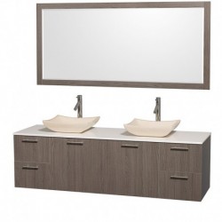 72 inch Double Bathroom Vanity in Gray Oak with White Man-Made Stone Top with Ivory Marble Sinks, and 70 inch Mirror
