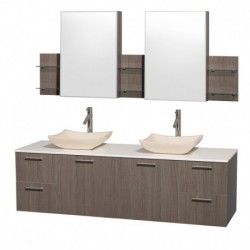 72 inch Double Bathroom Vanity in Gray Oak with White Man-Made Stone Top with Ivory Marble Sinks, and Medicine Cabinets