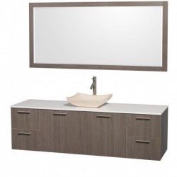 72 inch Single Bathroom Vanity in Gray Oak with White Man-Made Stone Top with Ivory Marble Sink, and 70 inch Mirror
