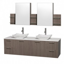 72 inch Double Bathroom Vanity in Gray Oak with White Man-Made Stone Top with Carrera Marble Sinks, and Medicine Cabinets