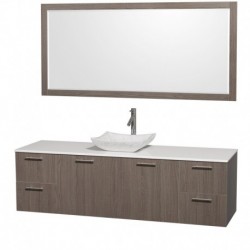72 inch Single Bathroom Vanity in Gray Oak with White Man-Made Stone Top with Carrera Marble Sink, and 70 inch Mirror