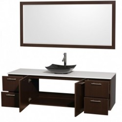 72 inch Single Bathroom Vanity in Espresso, White Man-Made Stone Countertop, Arista Black Granite Sink, and 70 inch Mirror