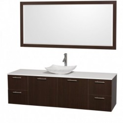72 inch Single Bathroom Vanity in Espresso, White Man-Made Stone Countertop, Arista White Carrera Marble Sink, and 70 inch Mirr