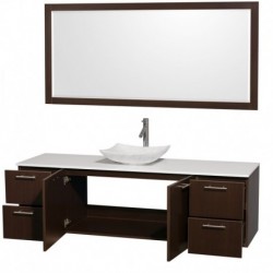 72 inch Single Bathroom Vanity in Espresso, White Man-Made Stone Countertop, Arista White Carrera Marble Sink, and 70 inch Mirr