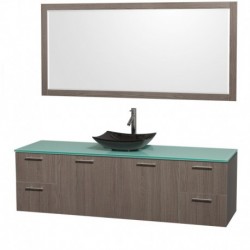 72 inch Single Bathroom Vanity in Gray Oak, Green Glass Countertop, Arista Black Granite Sink, and 70 inch Mirror