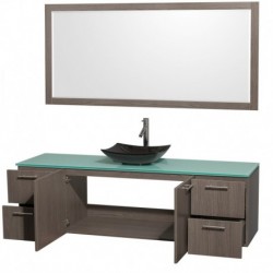 72 inch Single Bathroom Vanity in Gray Oak, Green Glass Countertop, Arista Black Granite Sink, and 70 inch Mirror