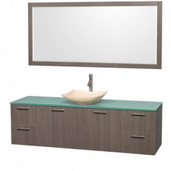 72 inch Single Bathroom Vanity in Gray Oak, Green Glass Countertop, Arista Ivory Marble Sink, and 70 inch Mirror