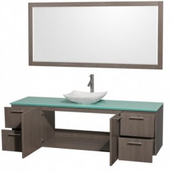 72 inch Single Bathroom Vanity in Gray Oak, Green Glass Countertop, Arista White Carrera Marble Sink, and 70 inch Mirror
